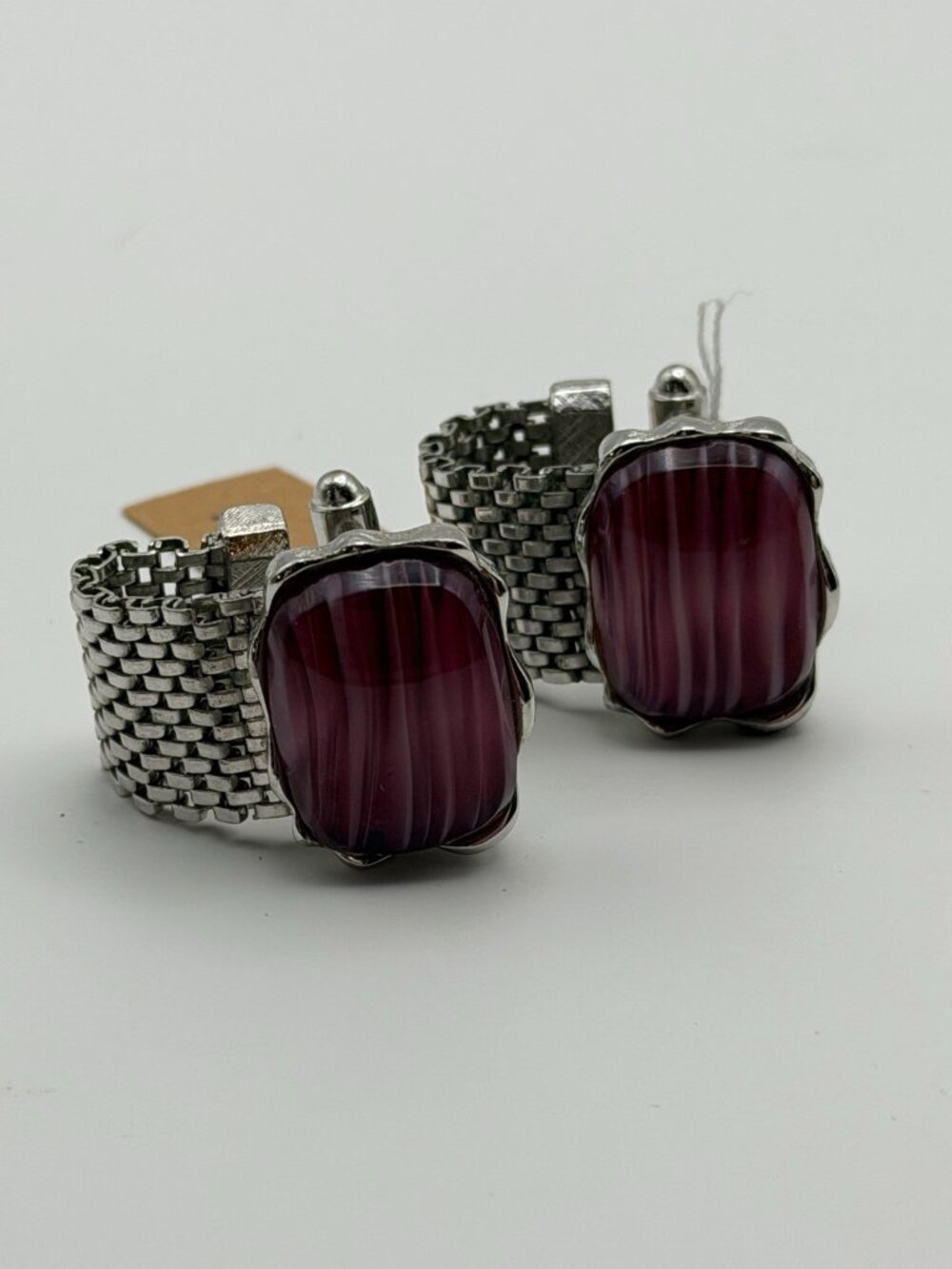 Vintage Dante Purple Rivoli Stone Silver-Tone Mesh Wrap Cufflinks - Picture 2 of 7
